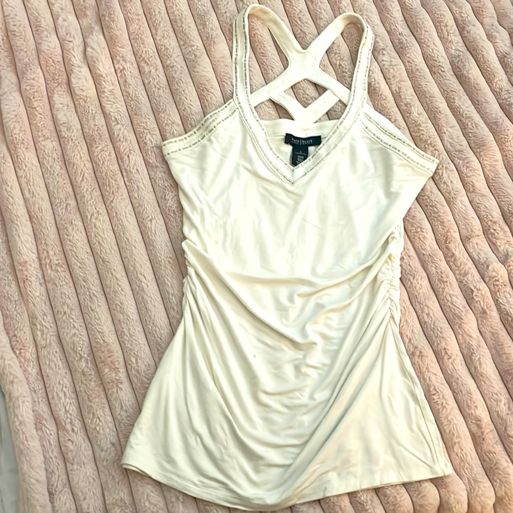 Women White sleeveless summer Top. Size S. Silver stitching. Fitted style.